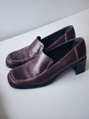 Brown Italian Leather Block Heeled Loafers
